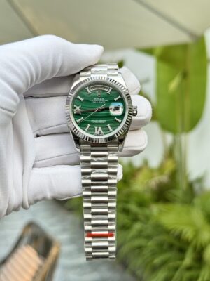 Rolex Day-Date 904L Steel Green Roman Dial CZ Diamonds 40mm Super Clone