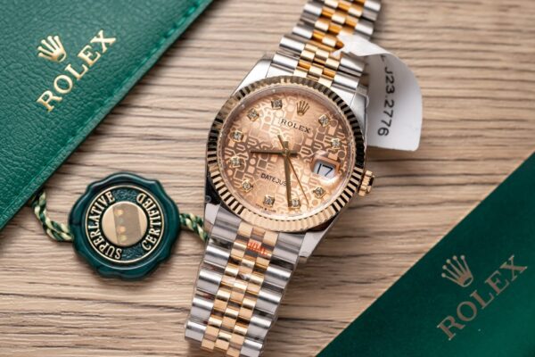 Alternative view of Rolex Datejust SS/RG Plated Fluted Gold Dial CZ Diamonds 36mm Jub Super Clone