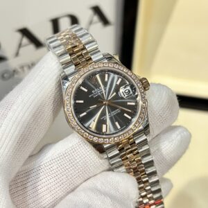 Alternative view of Rolex Datejust SS/RG Plated Grey Dial CZ Diamonds 31mm Jub EWF Replica