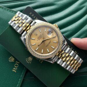 Alternative view of Rolex Datejust SS/YG Plated Champagne Dial CZ Diamonds 41mm Jub EWF Replica