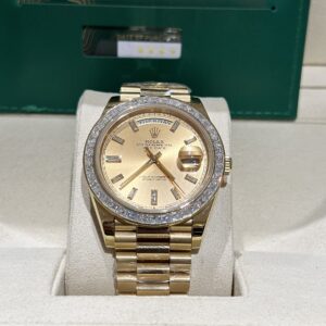 Rolex Day-Date YG Plated Champagne Dial Baguette Diamond 40mm Super Clone