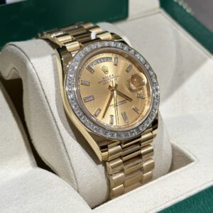 Alternative view of Rolex Day-Date YG Plated Champagne Dial Baguette Diamond 40mm Super Clone