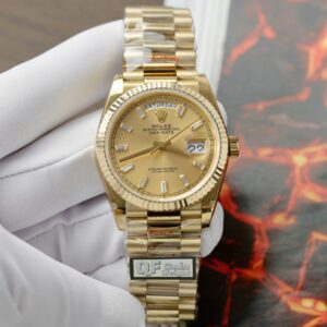 Rolex Day-Date 128238 YG Plated Champagne Dial Baguette Diamonds 36mm Super Clone
