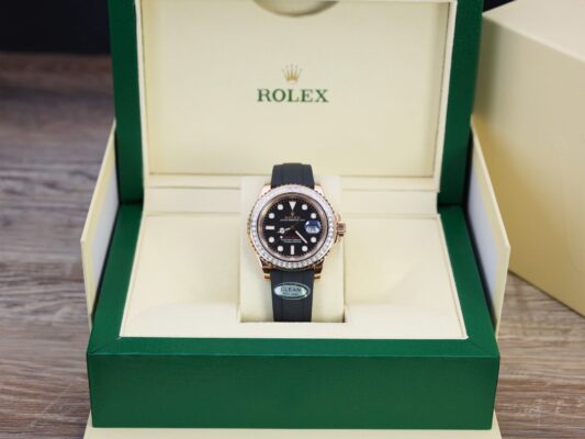 Rolex Yacht-Master RG Plated Black Dial Baguette Diamond 40mm Oysterflex Super Clone