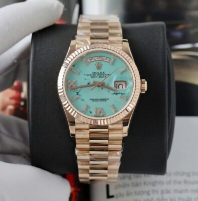Rolex Day-Date 128238 RG Plated Turquoise Blue Dial CZ Diamonds 36mm Super Clone
