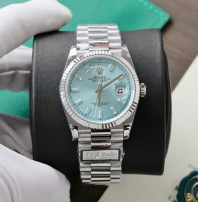 Rolex Day-Date 128236 904L Steel Ice Blue Dial CZ Diamonds 36mm Super Clone