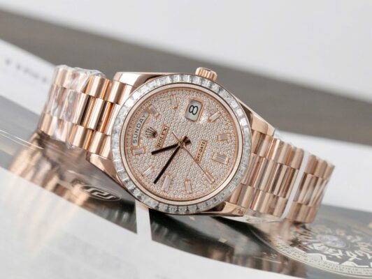 Alternative view of Rolex Day-Date RG Plated Diamond Dial Baguette Diamond 40mm Super Clone