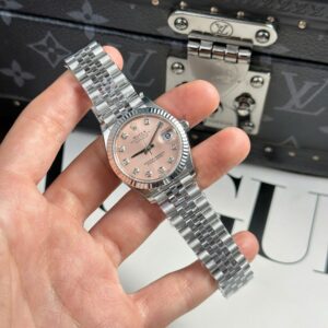 Alternative view of Rolex Datejust 316L Steel Pink Dial CZ Diamonds 31mm Jub THBF Replica