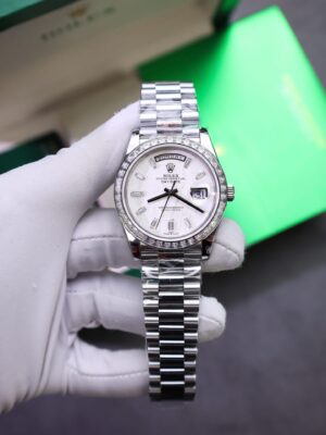 Rolex Day-Date 904L Steel Meteorite Dial Baguette Diamond 40mm Super Clone