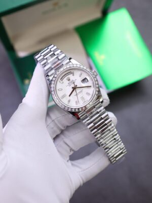 Alternative view of Rolex Day-Date 904L Steel Meteorite Dial Baguette Diamond 40mm Super Clone
