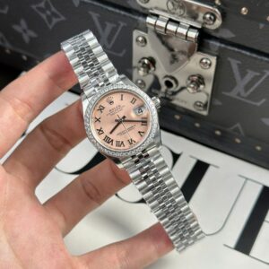 Alternative view of Rolex Datejust 316L Steel Pink Roman Dial Bezel Diamonds 31mm Jub THBF Replica