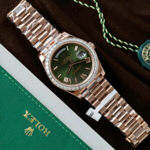 Alternative view of Rolex Day-Date RG Plated Green Dial Baguette Diamond 40mm Super Clone