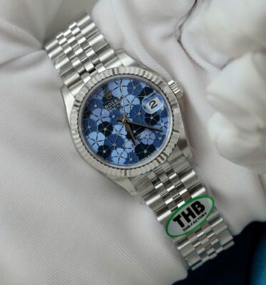 Alternative view of Rolex Datejust 316L Steel Flower Blue Dial CZ Diamonds 31mm Jub THBF Replica