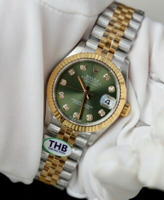 Alternative view of Rolex Datejust SS/YG Plated Green Dial CZ Diamonds 31mm Jub Replica