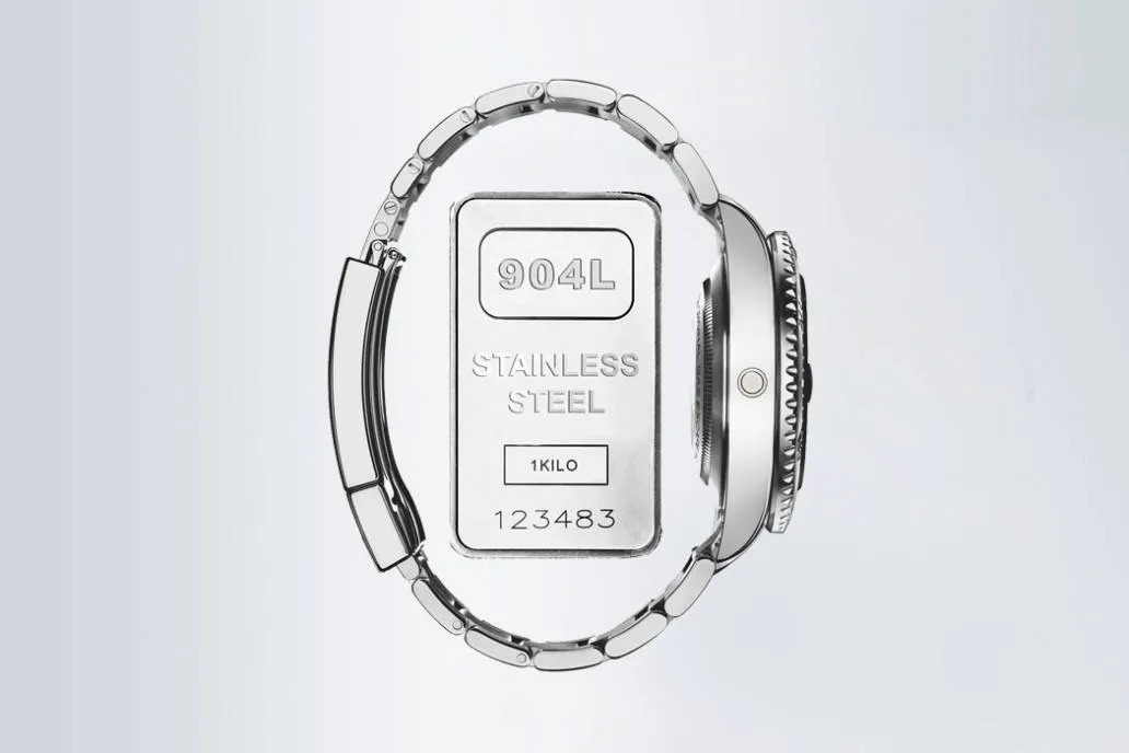 904L stainless steel ingot integrated with Rolex Submariner replica watch, highlighting corrosion-resistant material used in premium construction.
