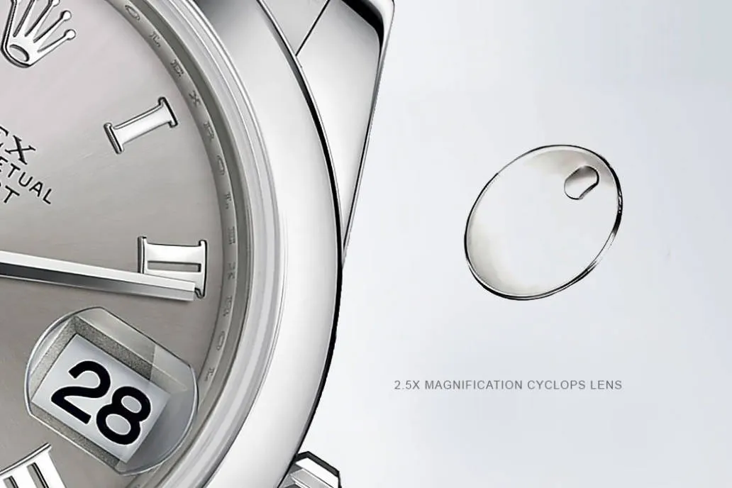 2.5x magnification Cyclops lens on Rolex replica watch date window, enhancing readability and mimicking genuine sapphire crystal features.
