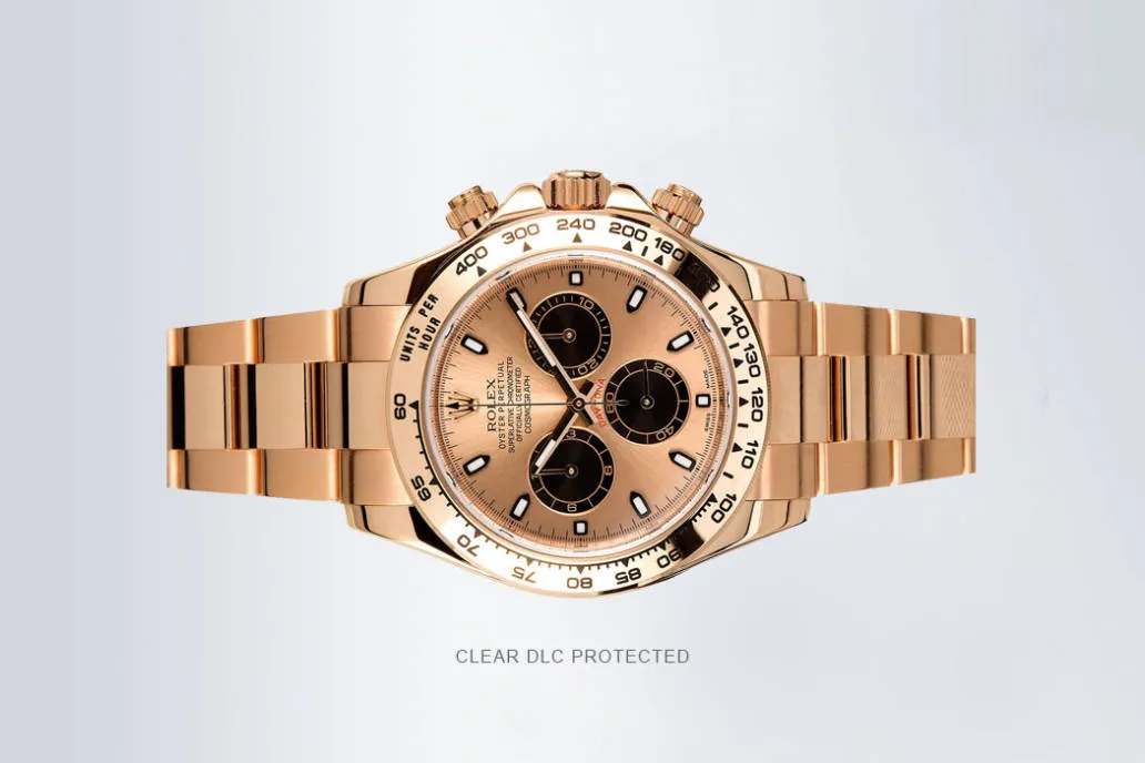 Gold Rolex Daytona replica watch featuring clear DLC protective coating for long-lasting shine and corrosion resistance.