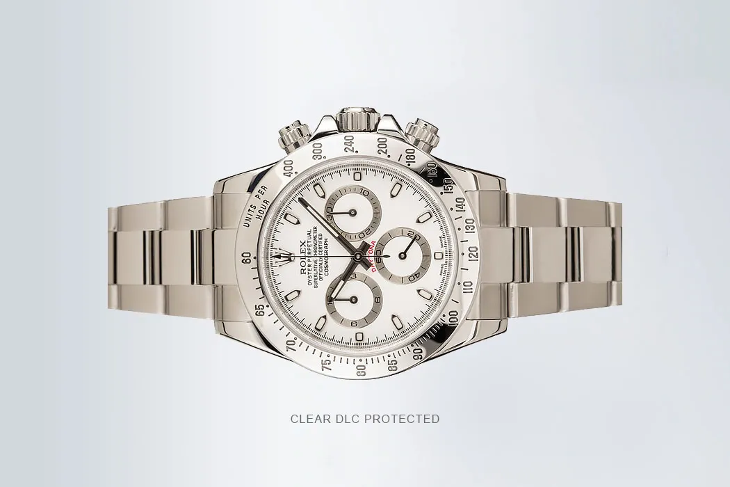 Silver Rolex Daytona replica watch with clear DLC protective coating for enhanced scratch resistance and durability.