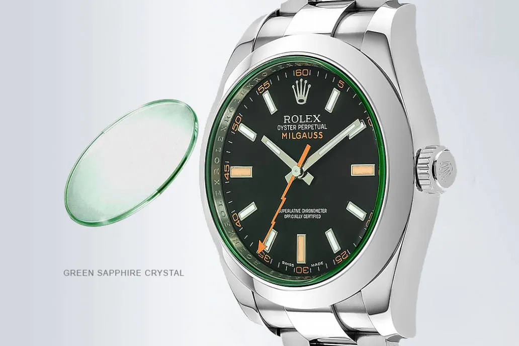 Green sapphire crystal on Rolex Milgauss replica watch, providing scratch resistance and unique tint for premium anti-magnetic models.