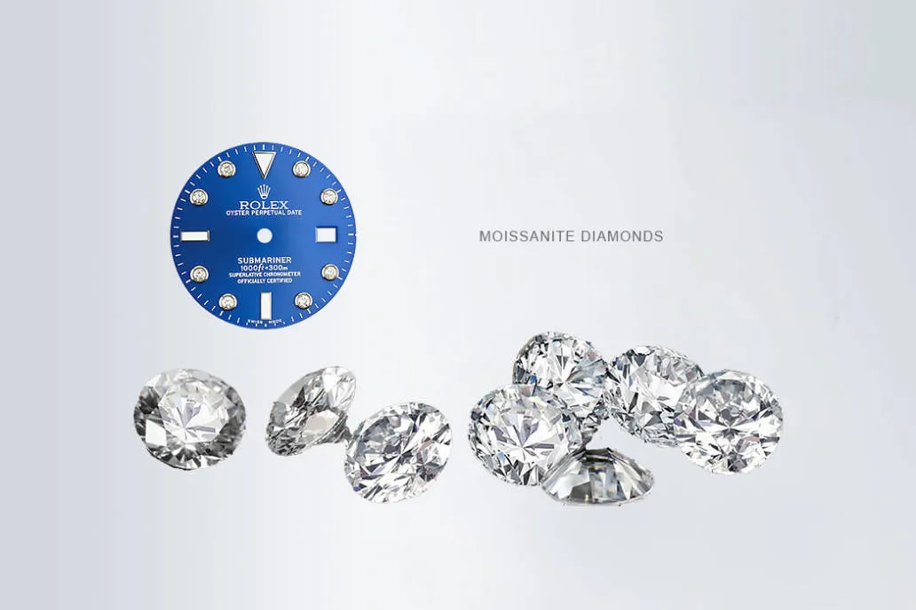 Blue Submariner replica dial featuring Moissanite diamonds for sparkling luxury in iced-out Rolex models.
