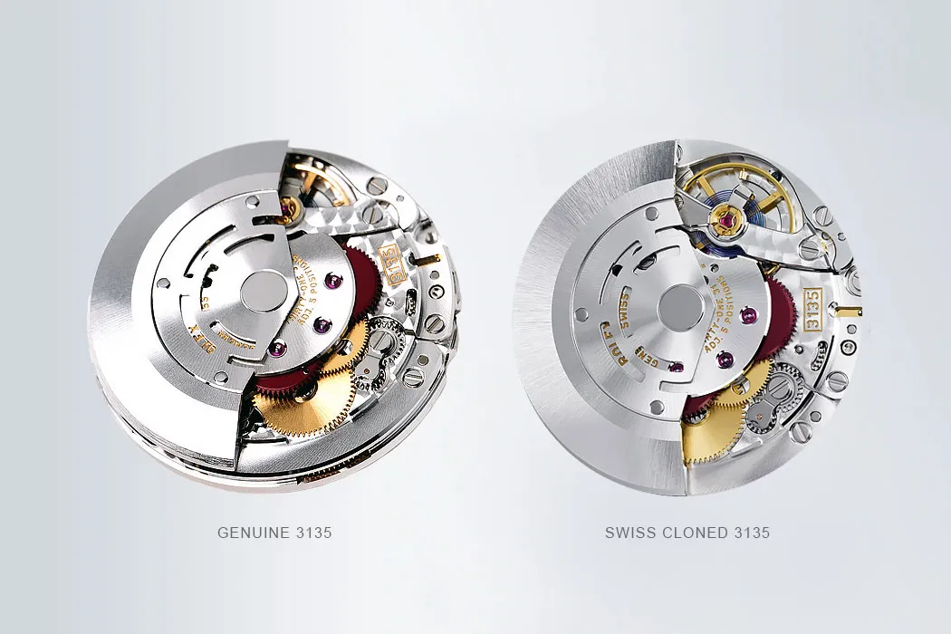 Close-up comparison of Rolex replica movement and genuine Rolex caliber for identical internal craftsmanship and precision.