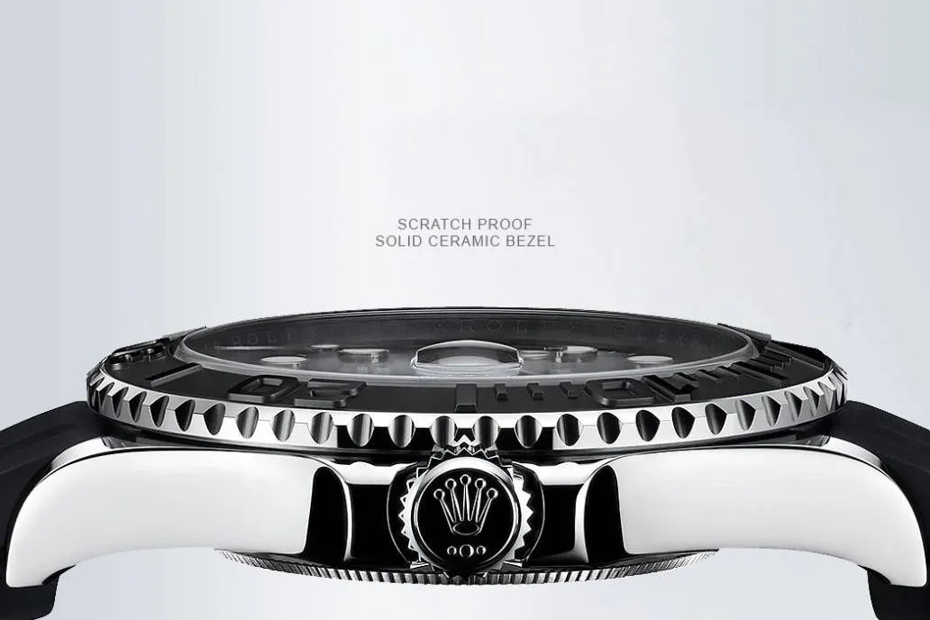 Scratch-proof solid ceramic bezel on Rolex replica watch from bottom view, highlighting robust construction and crown details for everyday resistance.
