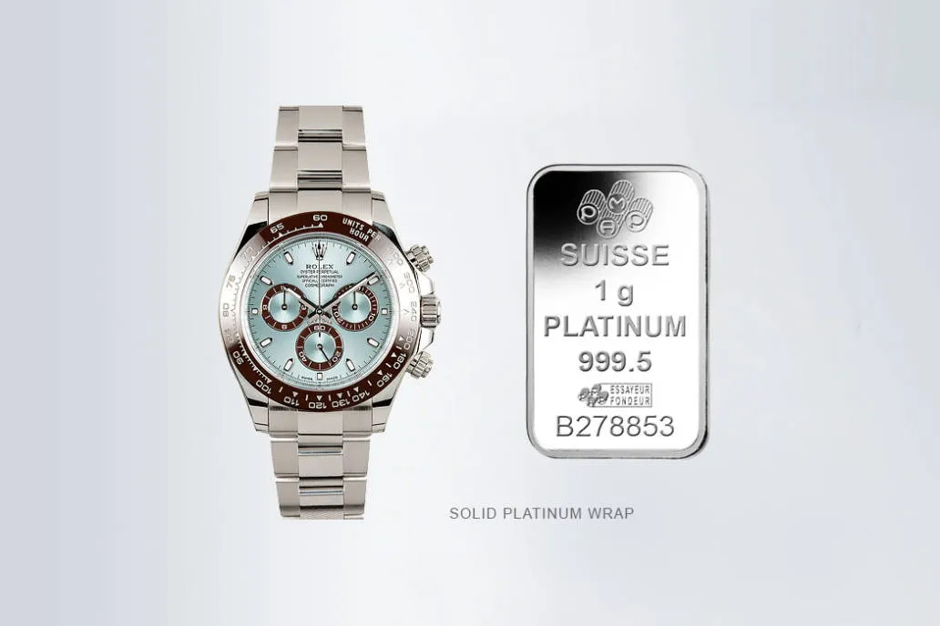 Platinum Rolex Daytona replica watch with solid platinum wrap and ingot, highlighting corrosion-resistant luxury finishing.