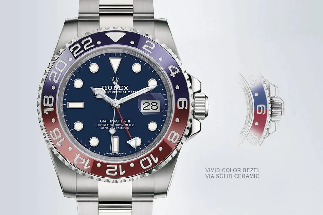 Rolex GMT-Master II replica watch with vivid red-blue ceramic bezel via solid ceramic construction for scratch-resistant durability.
