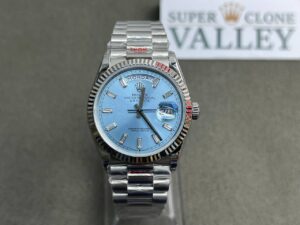 Rolex Day-Date 128236 904L Steel Ice Blue Dial CZ Diamonds 36mm Super Clone - Super Clone Valley
