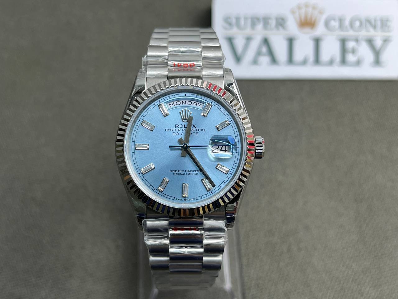 Rolex Day-Date 128236 904L Steel Ice Blue Dial CZ Diamonds 36mm Super Clone - Super Clone Valley
