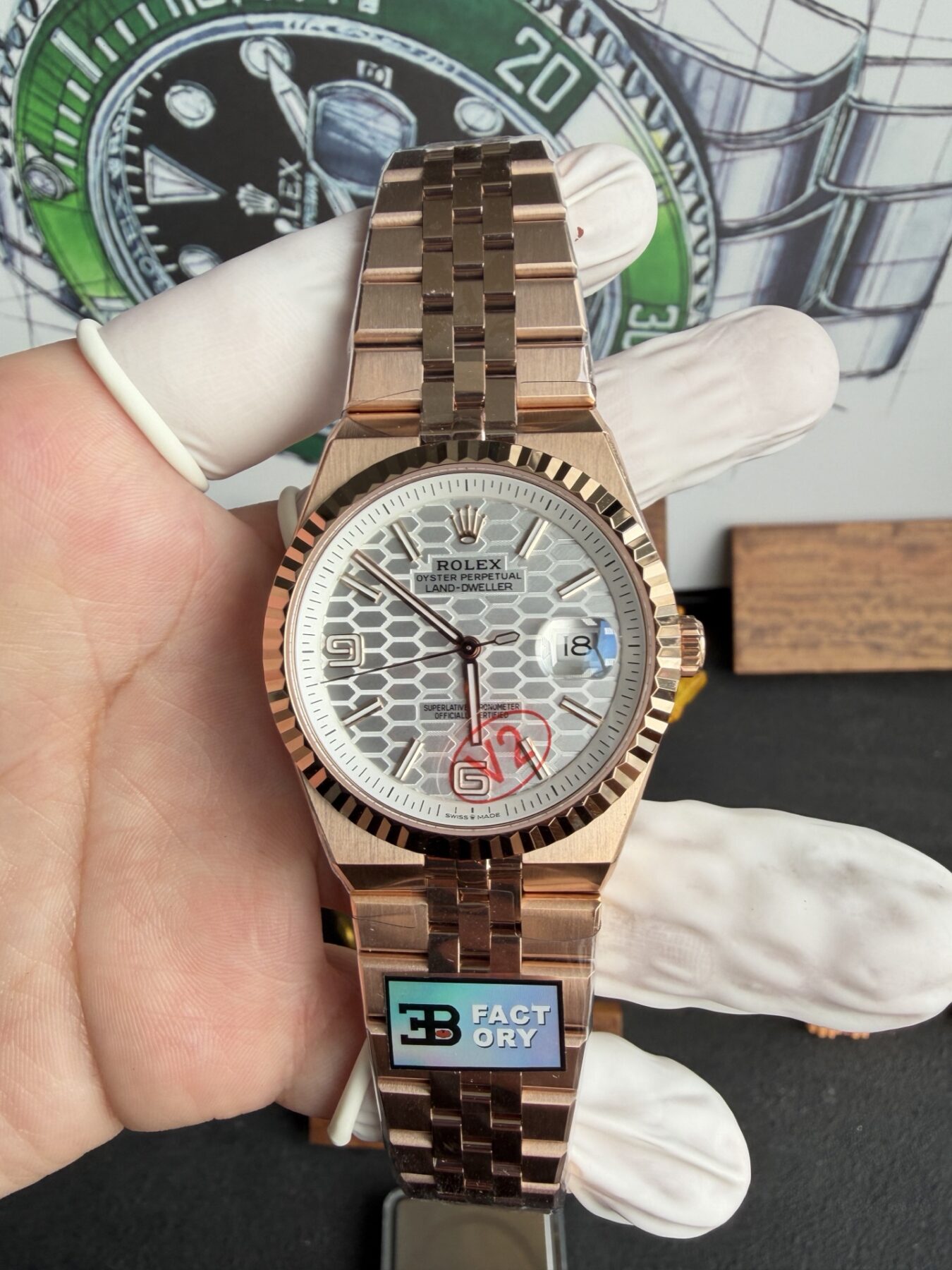 Rolex Land-Dweller 127335 Rose Gold White Honeycomb-Motif Dial 40mm Super Clone