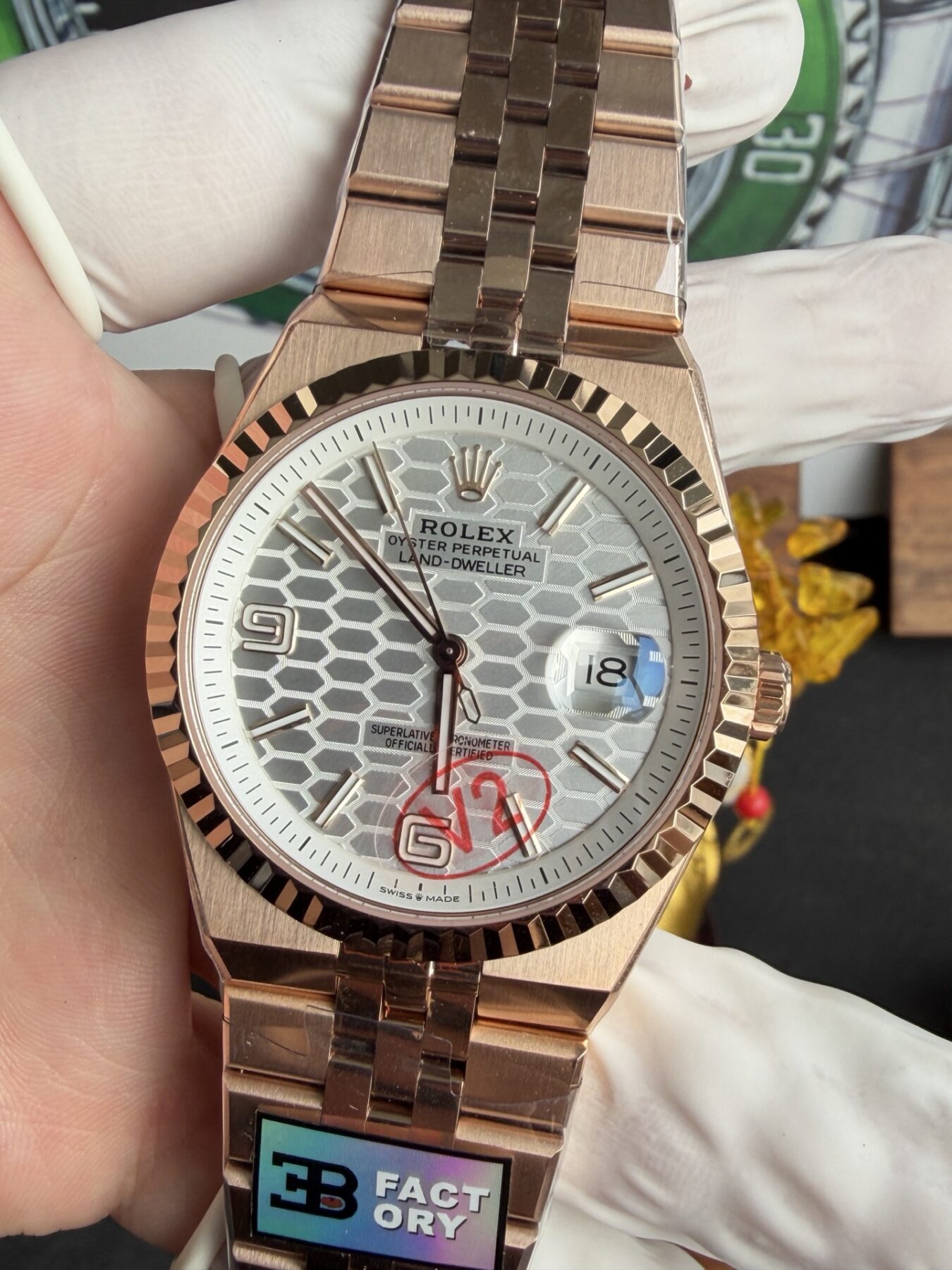 Rolex Land-Dweller 127335 Rose Gold White Honeycomb-Motif Dial 40mm Super Clone - Image 10