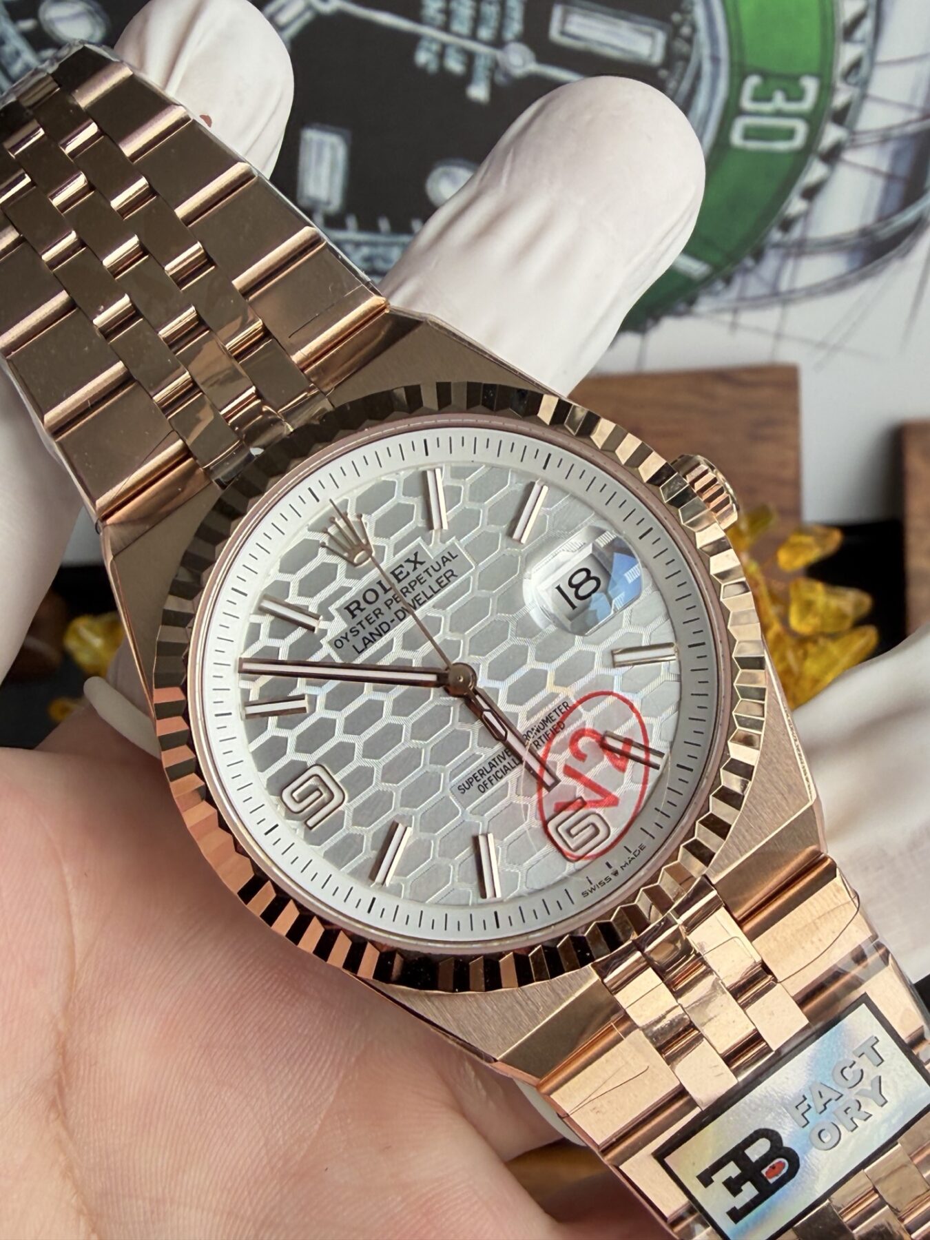 Rolex Land-Dweller 127335 Rose Gold White Honeycomb-Motif Dial 40mm Super Clone - Image 9