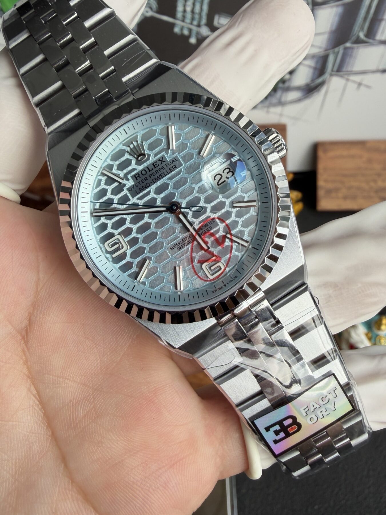 Rolex Land-Dweller 127336 Ice-Blue Honeycomb-Motif Dial 40mm Super Clone - Image 2